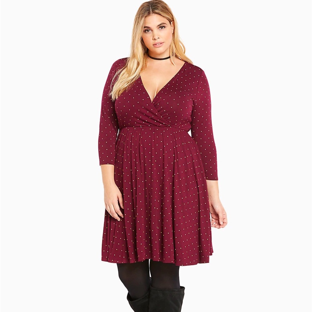 NWT Burgundy Dot Print Surplice Dress